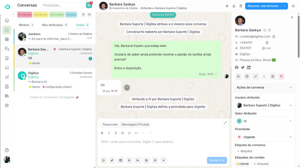 Painel de conversas do Digiliza Chat
