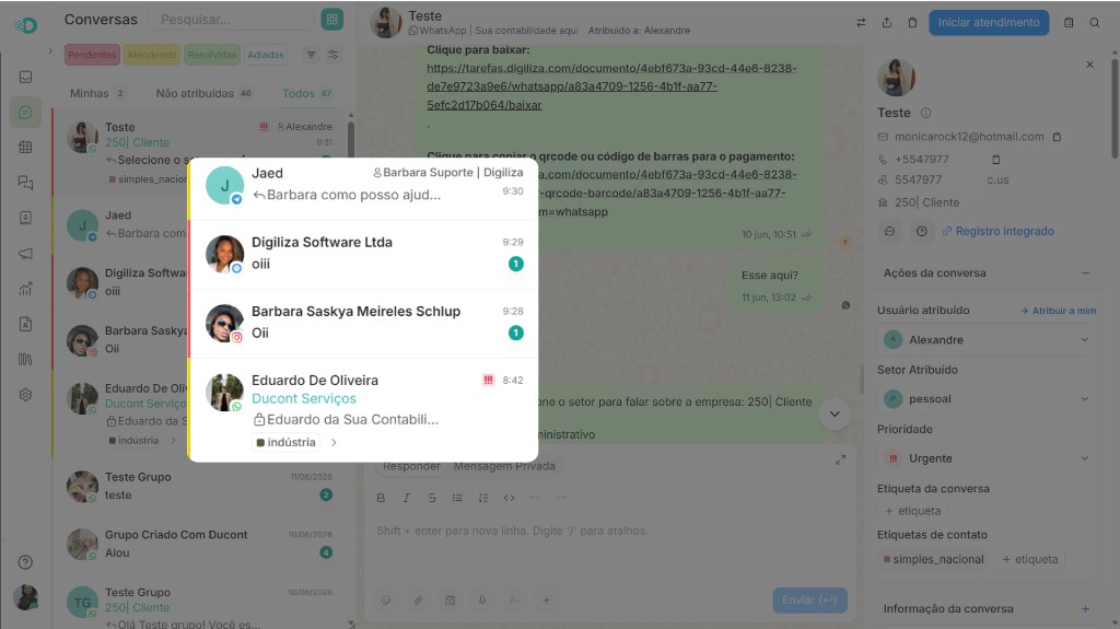 Painel multi-canais do Digiliza Chat