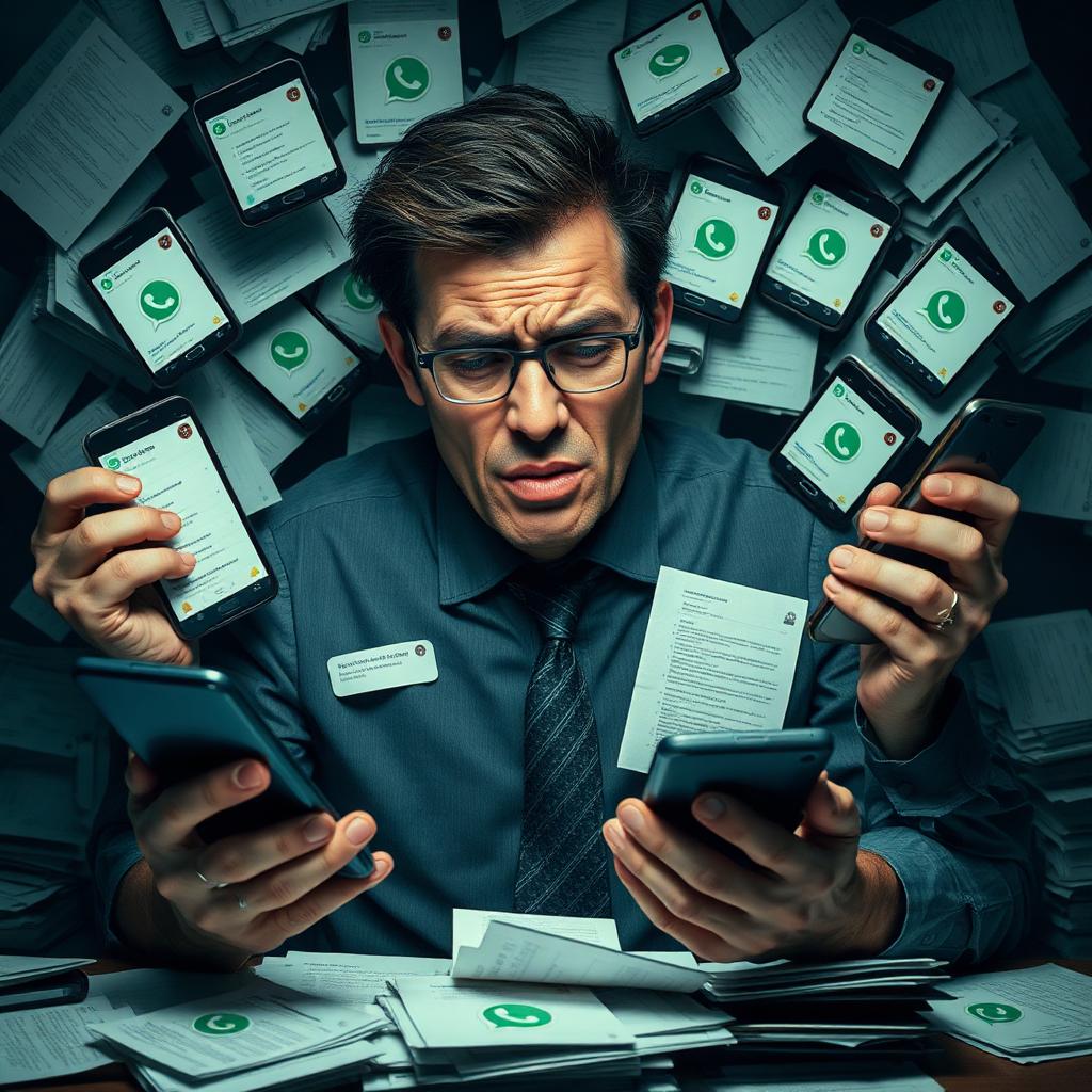 Gestor sobrecarregado com múltiplos celulares e mensagens de WhatsApp